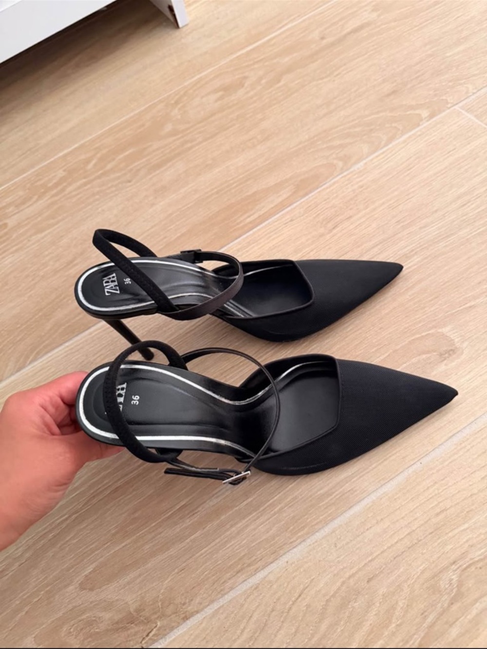 Zara Black Pointed Slingback Heels with Slim Ankle Strap